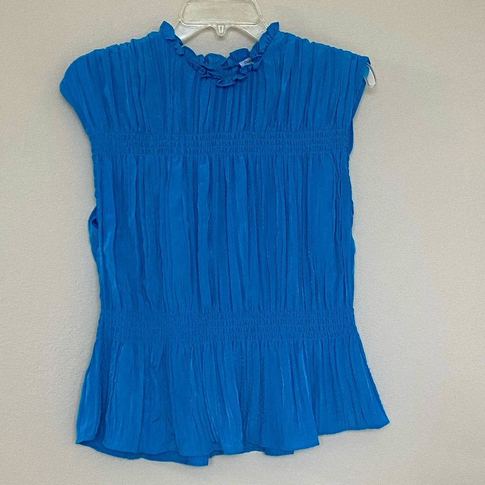 Women’s Size M Aqua Blue Blouse With Ruffle Collar and Peplum Detail